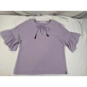 Trina Turk Women's Purple Split Neck Bay Point Ruffle-Cuff Crepe Top Size M